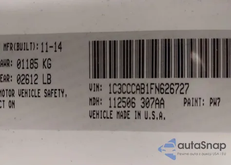 2015 Chrysler 200 Limited z USA, uszkodzony, nr VIN 1C3CCCAB1FN626727